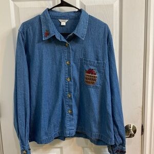 Christoper & Banks Women’s Size XL Denim Jean Shirt Apples Berries In Basket